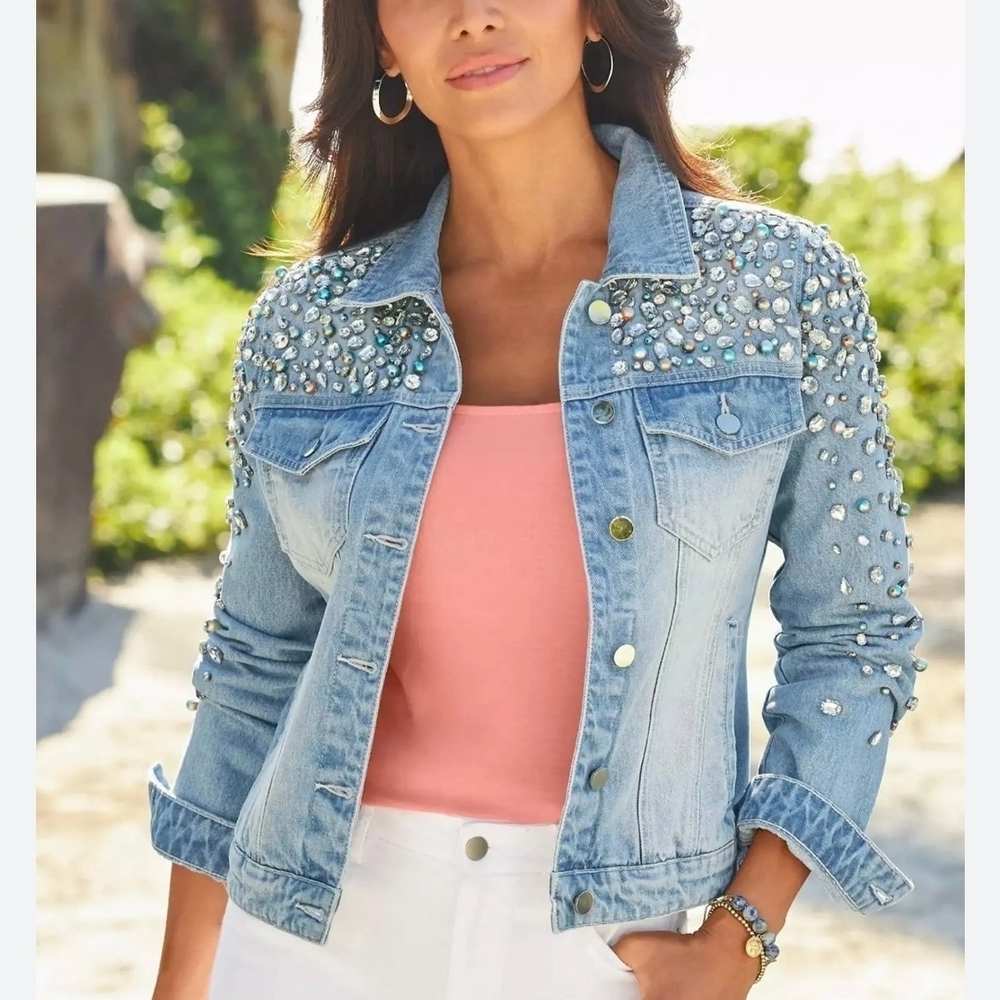 BOSTON PROPER Pearl and Jewel Embellished bling Denim Jacket in size small